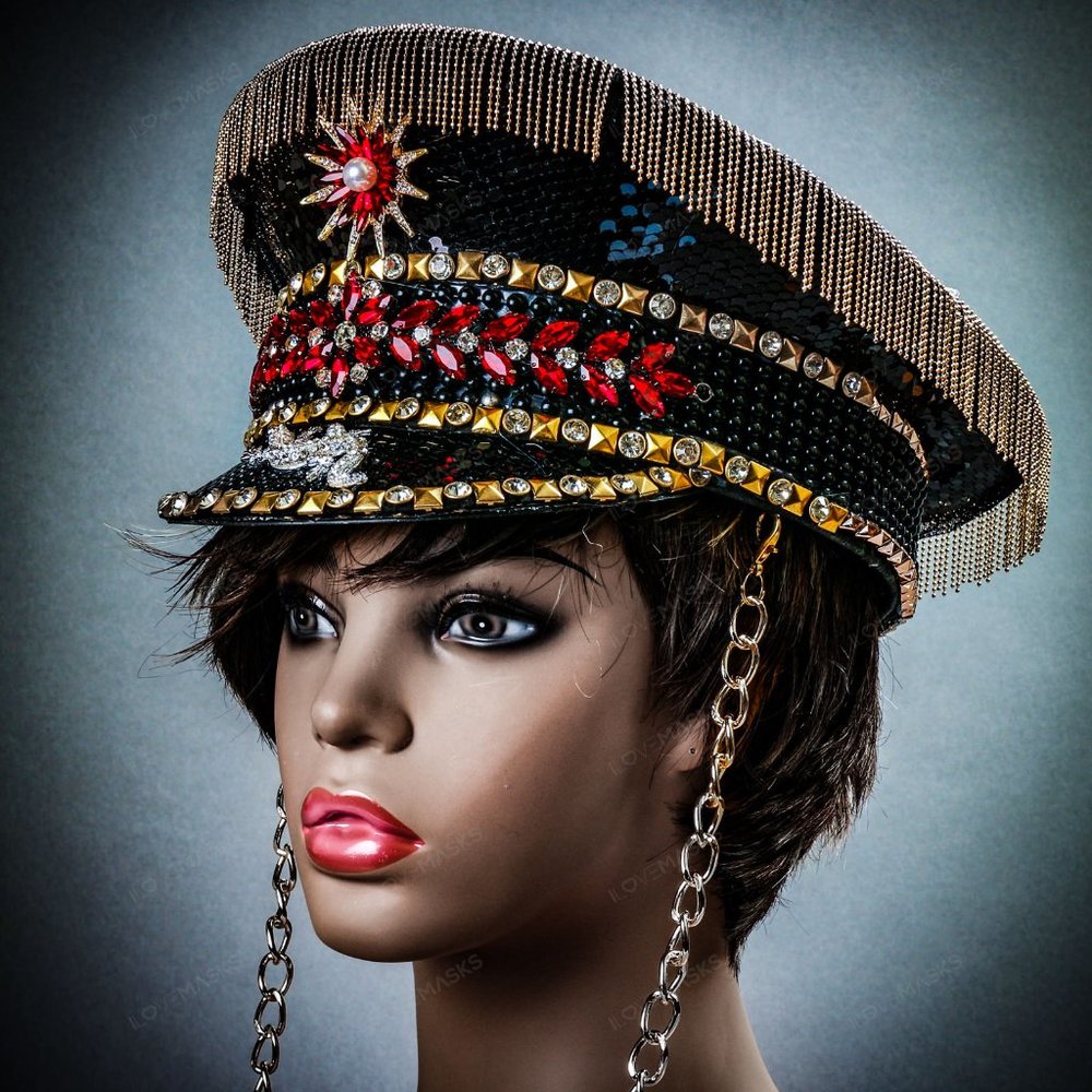 Black Military Captain Hat with Rhinestone and Gold chain For Burning Man Party - Picture 3 of 8